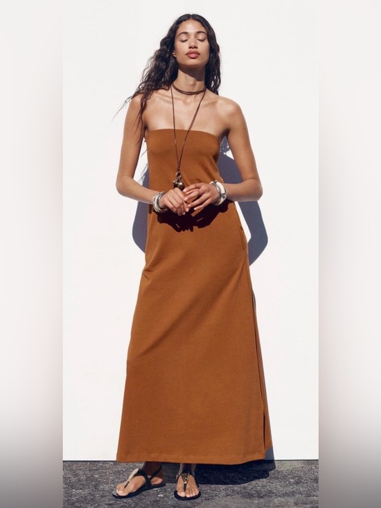 Zara Dresses & Skirts - Zara Heavy Cotton Strapless Maxi Dress Burnt Orange 100 % Cotton Size Medium